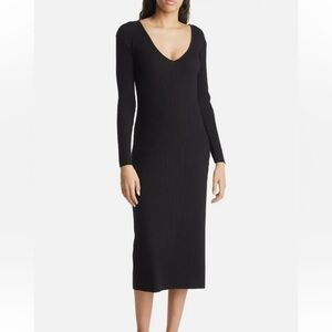 Vince Black V Neck Ribbed Midi Dress